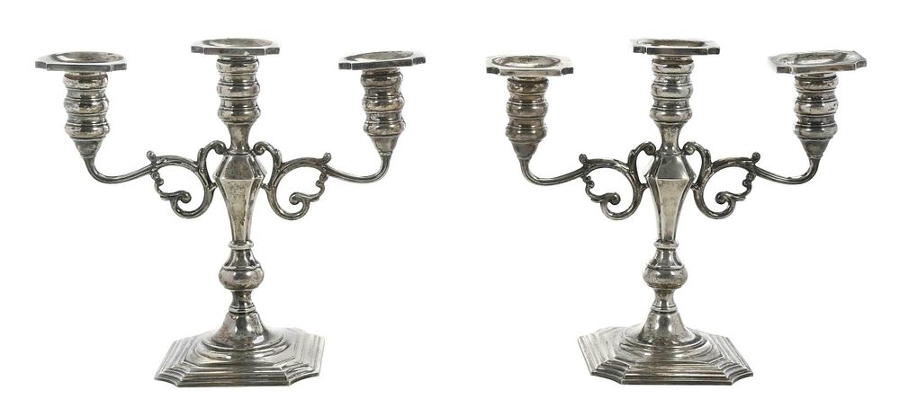 Appraisal: Pair Weighted Sterling Candelabra American th century square canted base