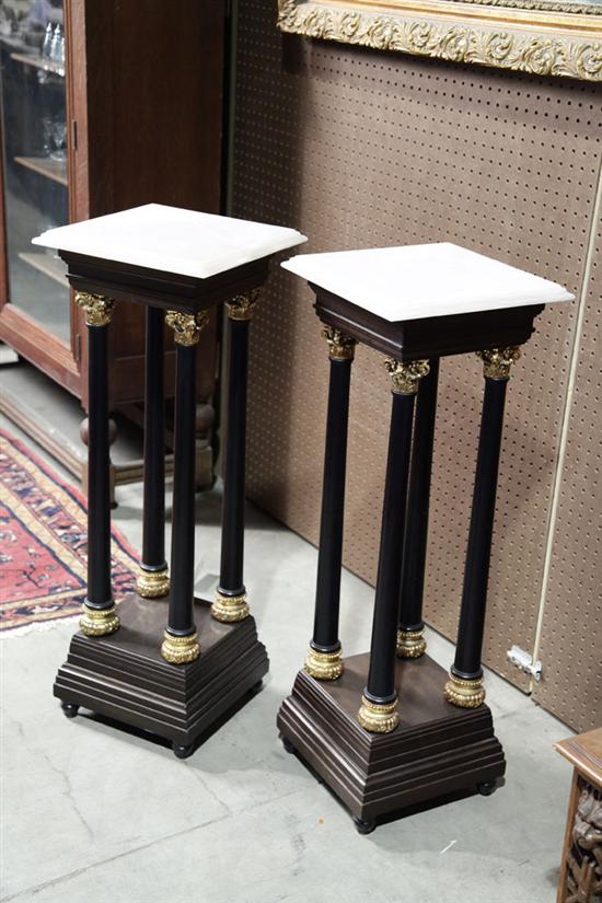 Appraisal: PAIR MARBLE TOP PEDESTALS Stepped pedastals with ebonized columns ormulu