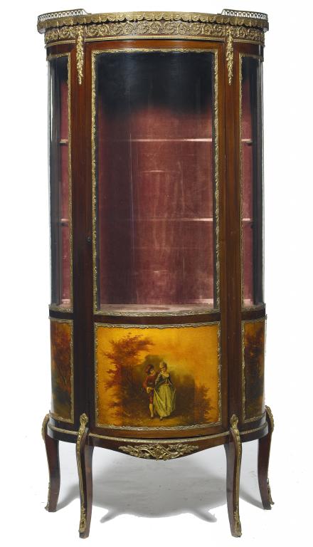 Appraisal: A FRENCH MAHOGANY AND 'VERNIS MARTIN' BOW CENTRED VITRINE with