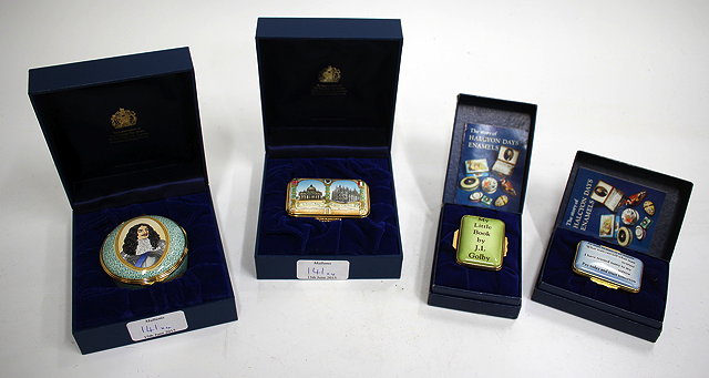 Appraisal: FOUR HALCYON DAYS ENAMEL BOXES to include a commemoration to