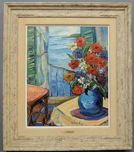 Appraisal: Oil on masonite impressionist painting of colorful flowers titled verso