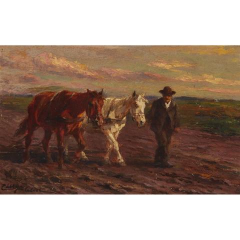 Appraisal: Celesztin Pallya - FARMER WITH PLOUGH HORSES IN A FIELD