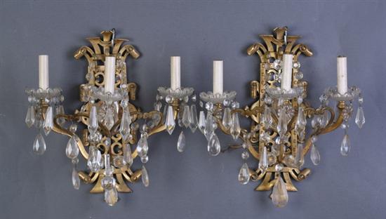 Appraisal: PAIR FRENCH BRONZE-DOR THREE-LIGHT SCONCES early th century Strapwork cartouche