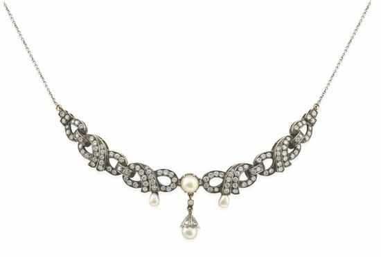 Appraisal: AN ANTIQUE PEARL AND DIAMOND NECKLACE Comprising articulated diamond set