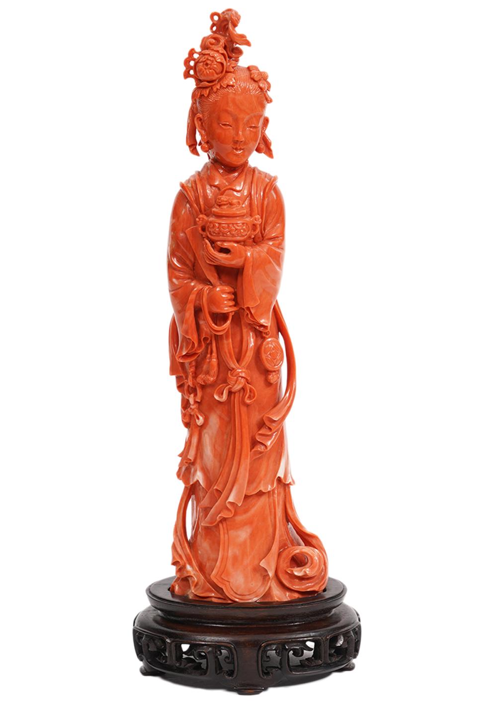 Appraisal: CHINESE CARVED CORAL FIGURE OF ROBED IMMORTALIntricately carved coral figure