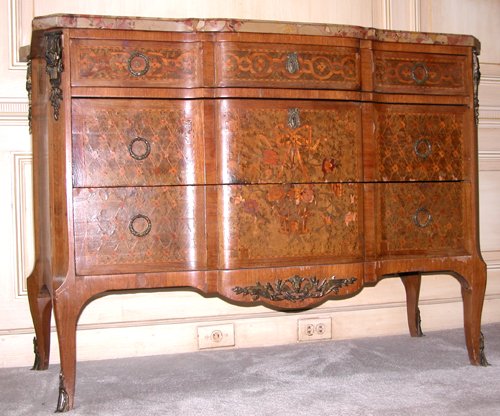 Appraisal: Title Louis XV-style Marble-topped Commode with marquetry inlaid ormolu mounts