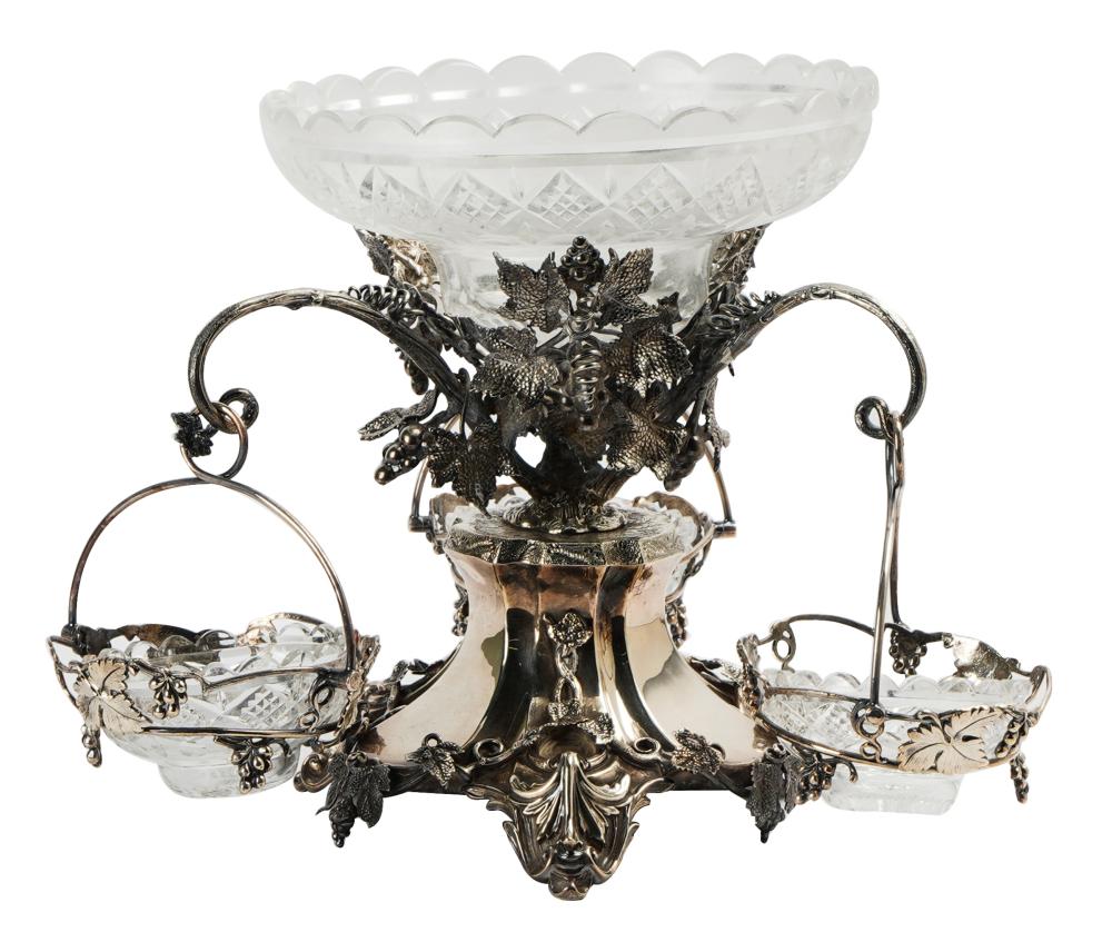 Appraisal: SILVER PLATE CUT GLASS EPERGNEunmarked suspending three baskets inches diameter