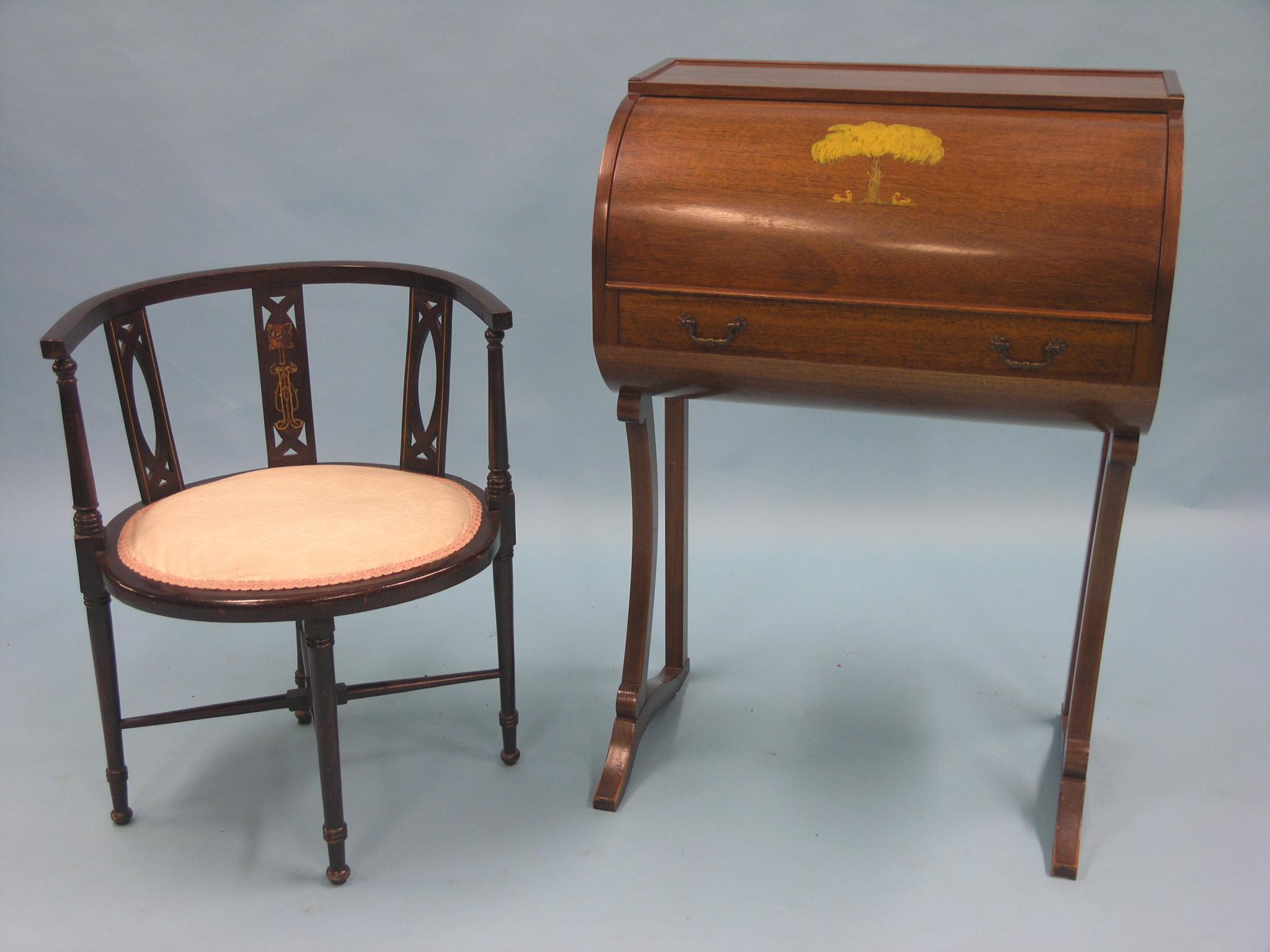 Appraisal: A Sheraton-style mahogany cylinder desk cylinder front with painted detail