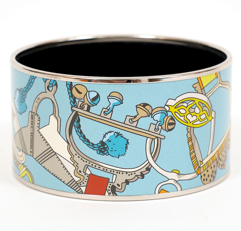 Appraisal: Hermes Equestrian Theme Wide Enamel Blue Bangle Hermes Wide Enamel