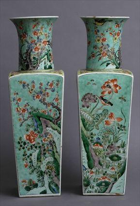 Appraisal: PAIR OF CHINESE FAMILLE VERTE ANGULAR BALUSTER-FORM VASE Each side