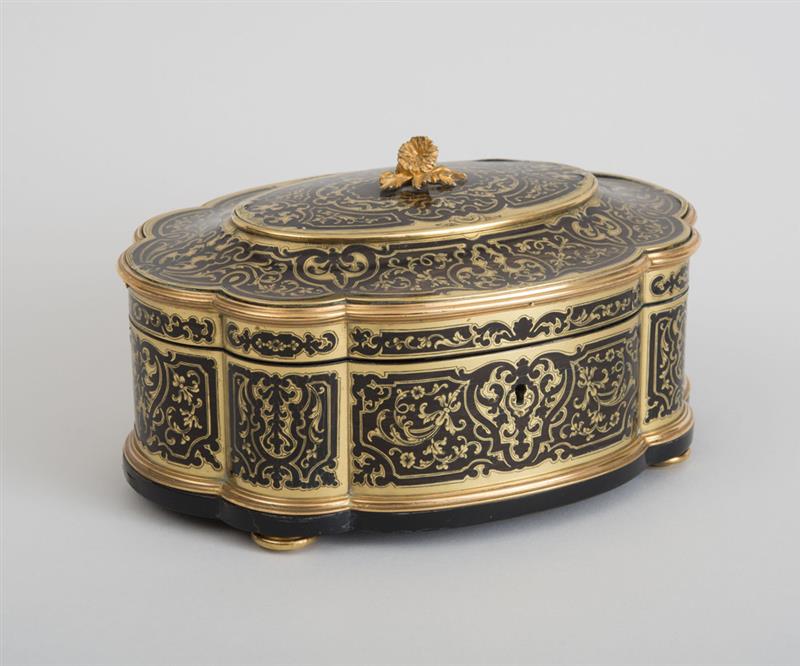 Appraisal: NAPOLEON III BRASS-INLAID BOULLEWORK OBLONG LOBED BOX Lockplate inscribed 'Taham