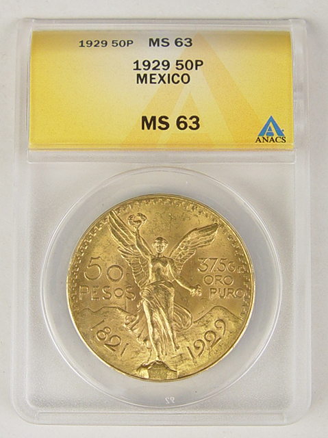 Appraisal: Mexican Pesos Gold Coin ANACS certified and graded MS A