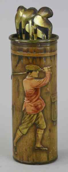 Appraisal: 'GOLF BAG'' BISCUIT TIN Scotland England c lithographed tinplate figural