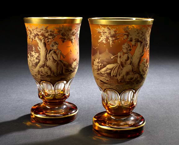 Appraisal: Attractive Pair of Bohemian Cut and Parcel-Satine Amber Overlay Glass