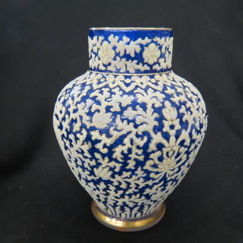 Appraisal: Coralene Art Glass Vase elaborate floral on blue field thousands