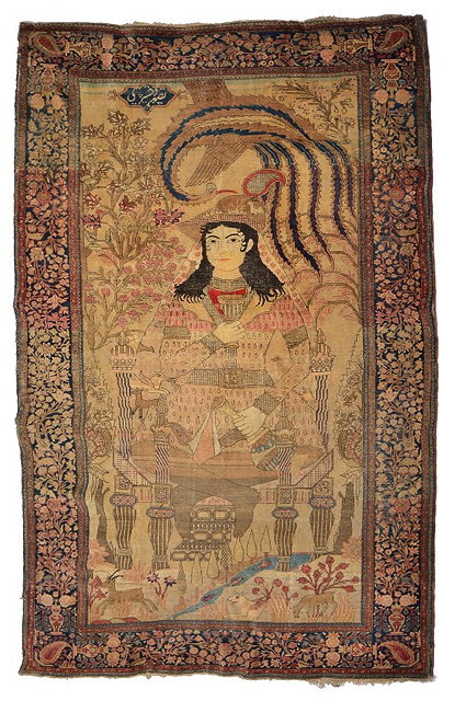 Appraisal: A PERSIAN KASHAN PICTORIAL RUG depicting a noblewoman seated in