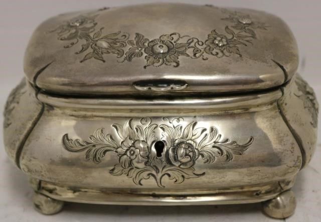 Appraisal: TH C COIN SILVER JEWELRY CASKET MARKED WM EMBOSSED FLORAL