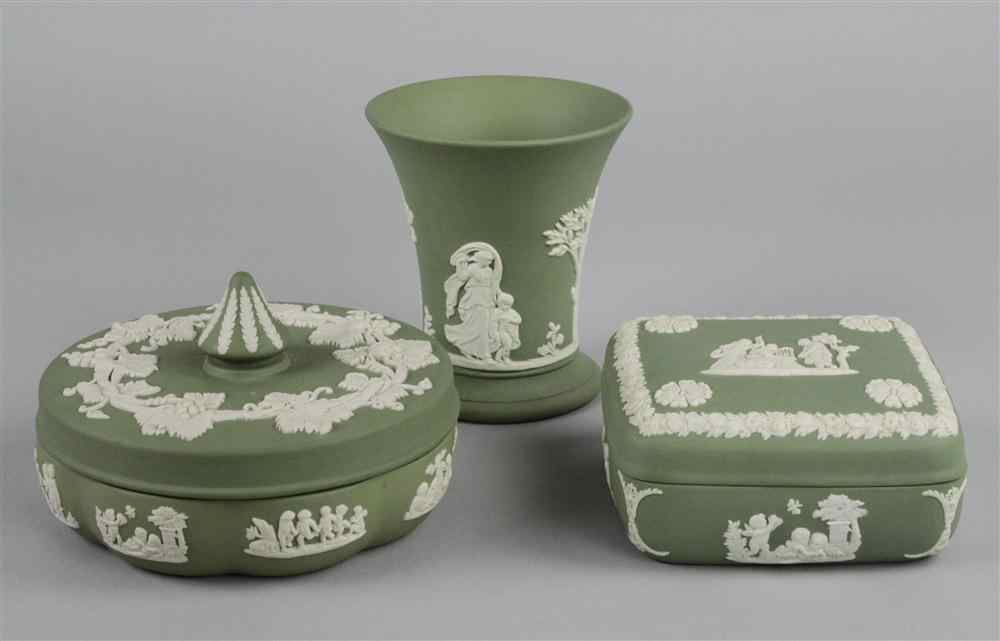 Appraisal: FOUR WEDGWOOD GREEN AND WHITE JASPER PIECES impressed upper case