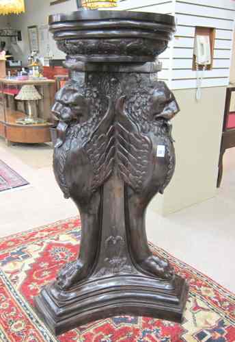 Appraisal: LARGE PATINED BRONZE PEDESTAL FOUNTAIN featuring three lion head monopods