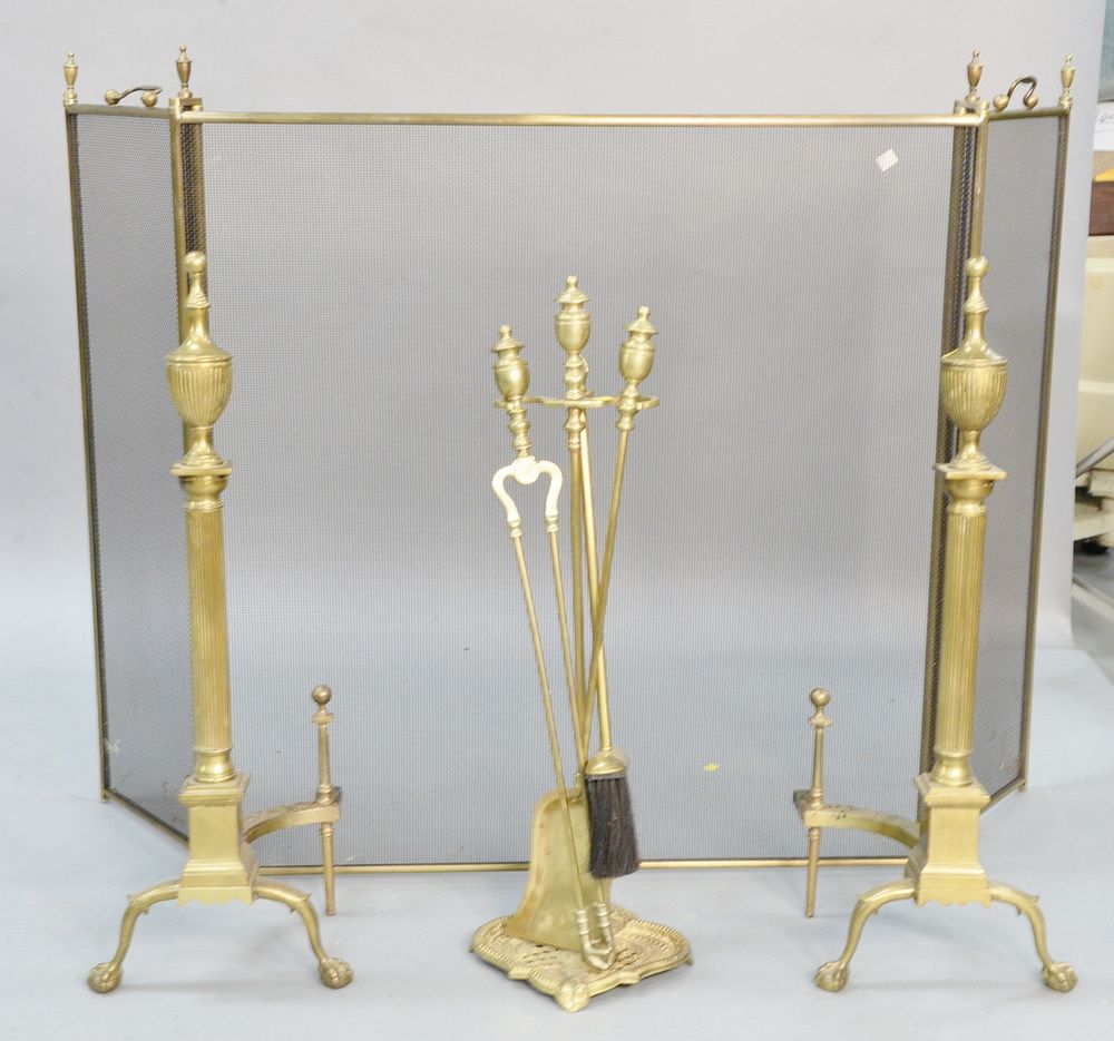 Appraisal: Four piece fireplace grouping to include a pair of brass