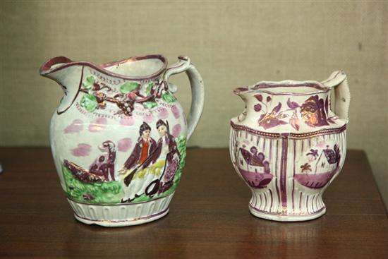 Appraisal: TWO PINK LUSTRE PITCHERS One with embossed hunt scene ''