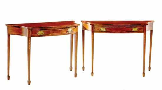 Appraisal: Pair Federal style inlaid mahogany console tables shaped and banded