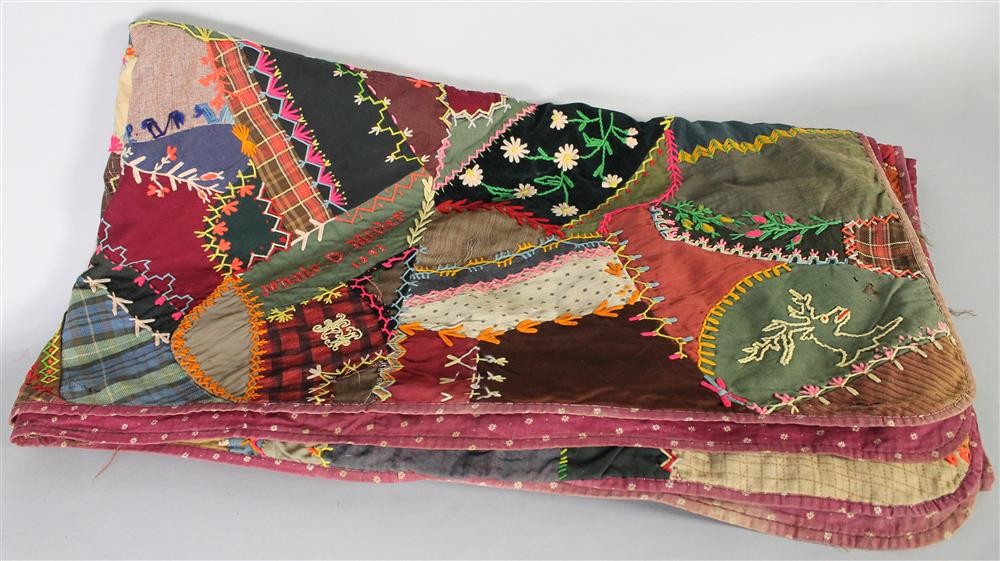 Appraisal: CRAZY QUILT SIGNED JENNIE D MILLER the exuberant pattern with