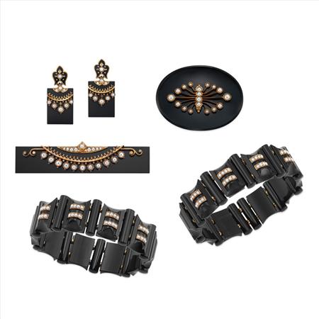 Appraisal: Suite of Antique Gold Black Onyx and Split Pearl Jewelry