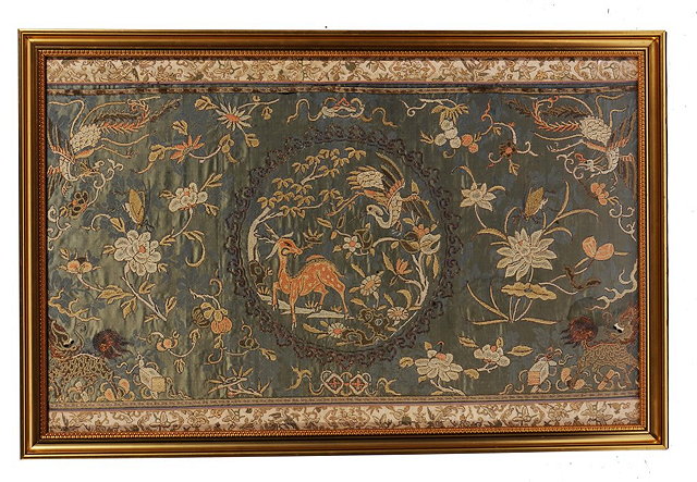 Appraisal: A LARGE CHINESE EMBROIDERED PANEL of phoenix and deer within