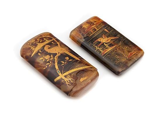 Appraisal: Two Japanese Lacquered Tortoise Shell Cases Width of larger inches