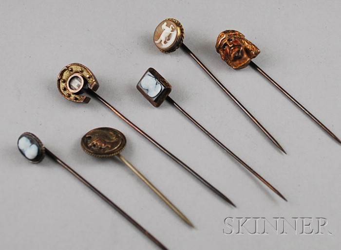 Appraisal: Six Antique Stickpins including a kt gold and enamel Arab