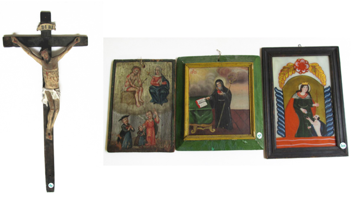 Appraisal: SPANISH CRUCIFIX AND THREE RETABLOS the crucifix height inches The