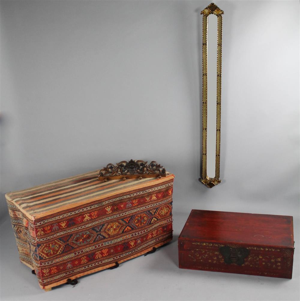 Appraisal: GROUP OF DECORATIVE ITEMS INCLUDING A KELIM BOX COVERED TABLE