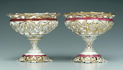 Appraisal: Pair porcelain compotes reticulated borders with gilt and purple banding