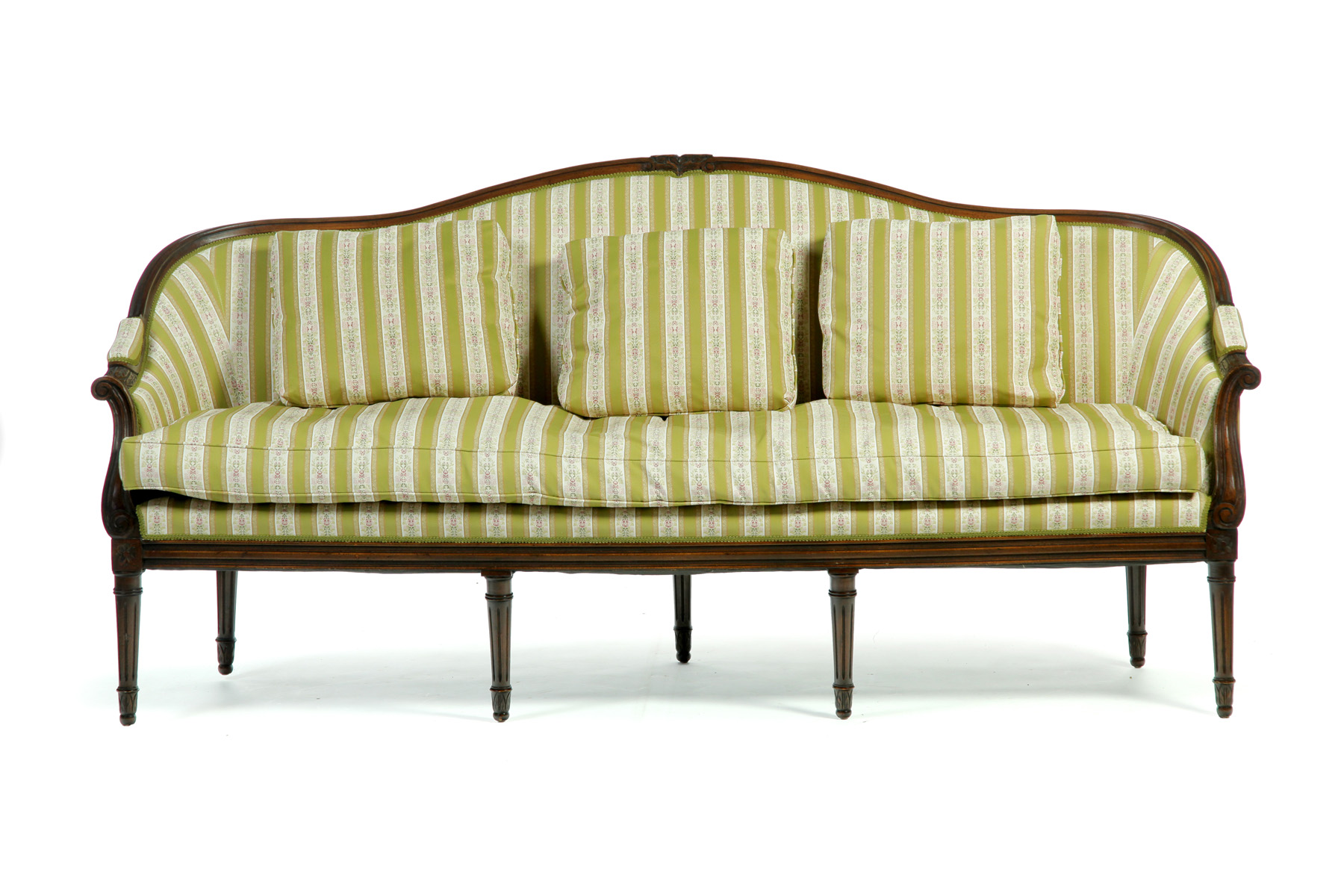 Appraisal: FRENCH-STYLE SOFA American ca walnut Arched carved back scrolled arms