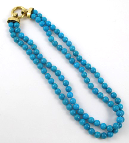 Appraisal: TURQUOISE AND YELLOW GOLD NECKLACE The double strand necklace is