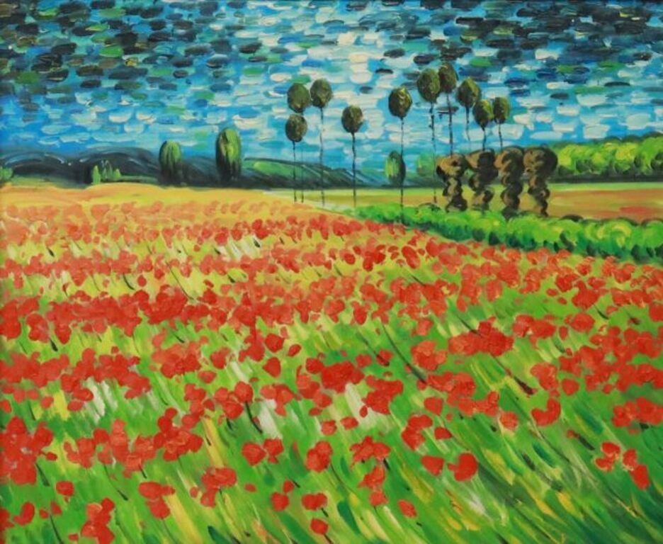 Appraisal: Decorative framed oil on canvas painting Poppy Field unsigned after