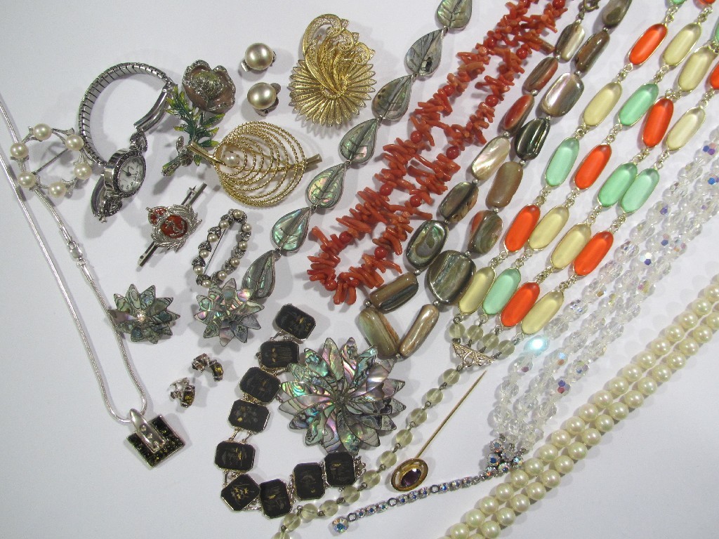 Appraisal: Lot comprising MOP bracelet necklace and brooch crystal beads paste