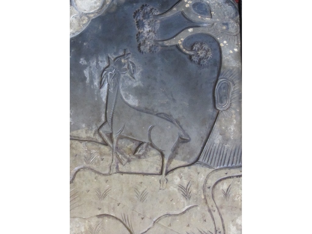 Appraisal: INDONESIAN CARVED HARDSTONE PLAQUE GOAT IN A LANDSCAPE x cm