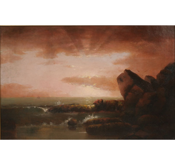 Appraisal: Signed seascape water breaking over rocky shoreline oil on canvas