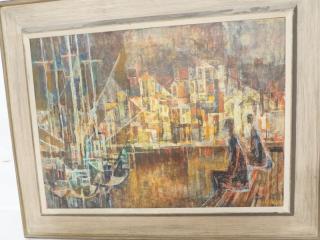 Appraisal: SI LEWEN Modernist Oil Painting Harbor Scene wit SI LEWEN