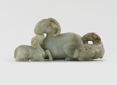 Appraisal: A good Chinese mottled celadon jade carving of three rams