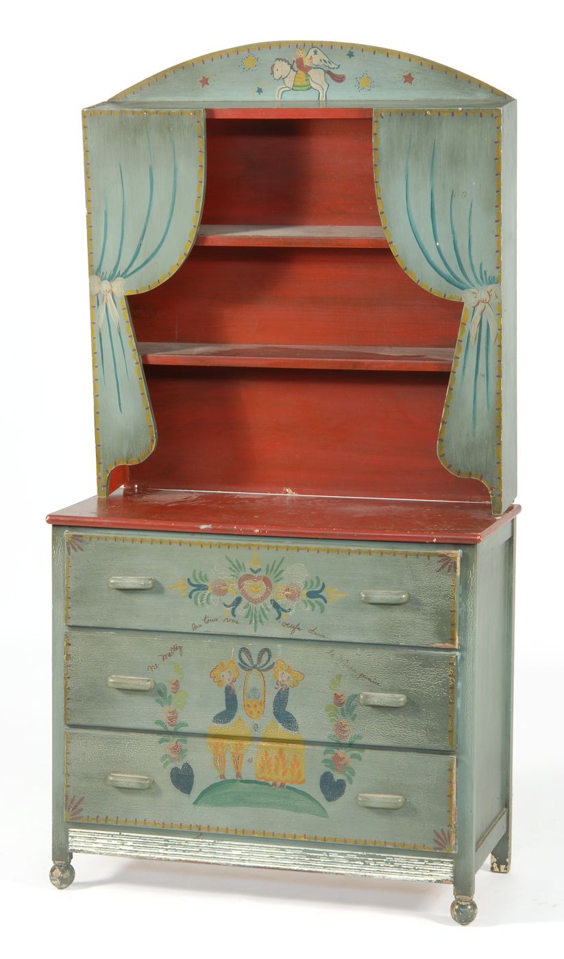 Appraisal: PETER HUNT-DECORATED TWO-PART HUTCH In green paint with backsplash surmount