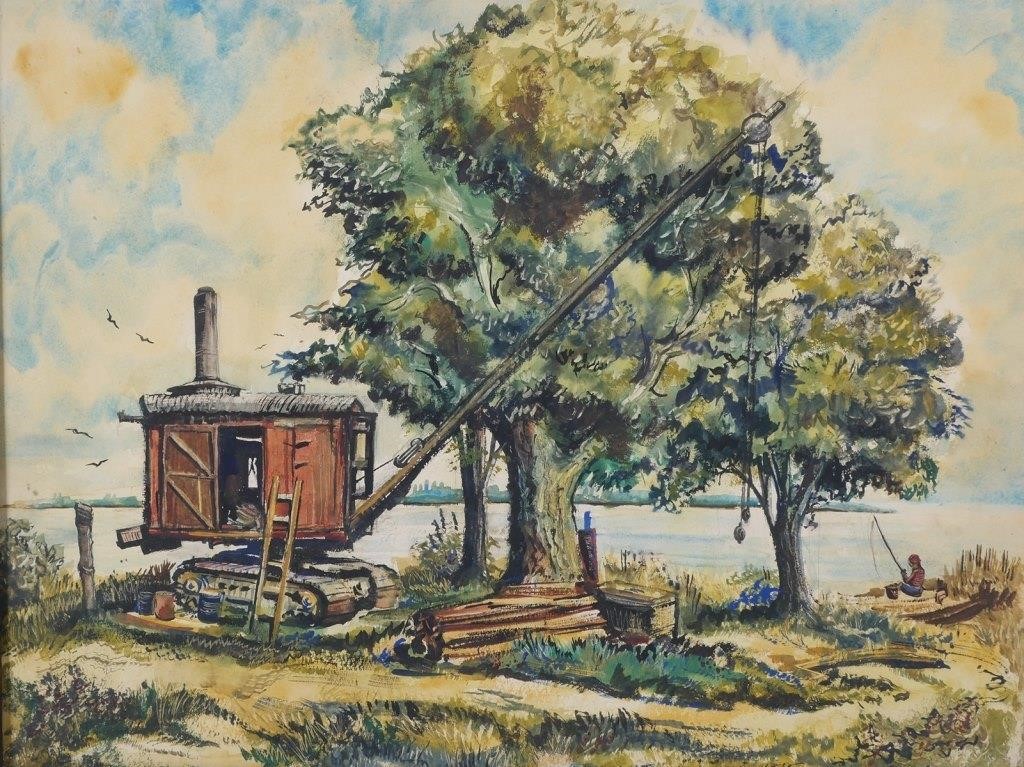 Appraisal: WPA era industrial watercolor of a shore scene with a