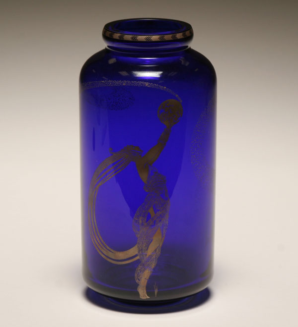 Appraisal: Cobalt Fireflies art glass vase by Erte stylized silver female