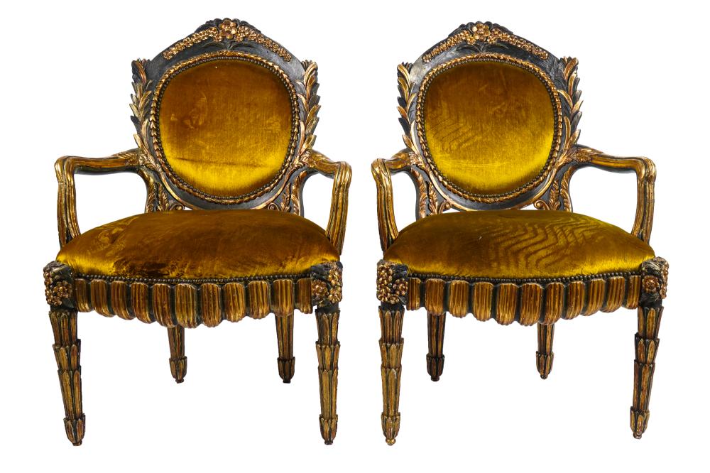 Appraisal: PAIR OF PAINTED PARCEL GILT OPEN ARMCHAIRSCondition with loss throughout