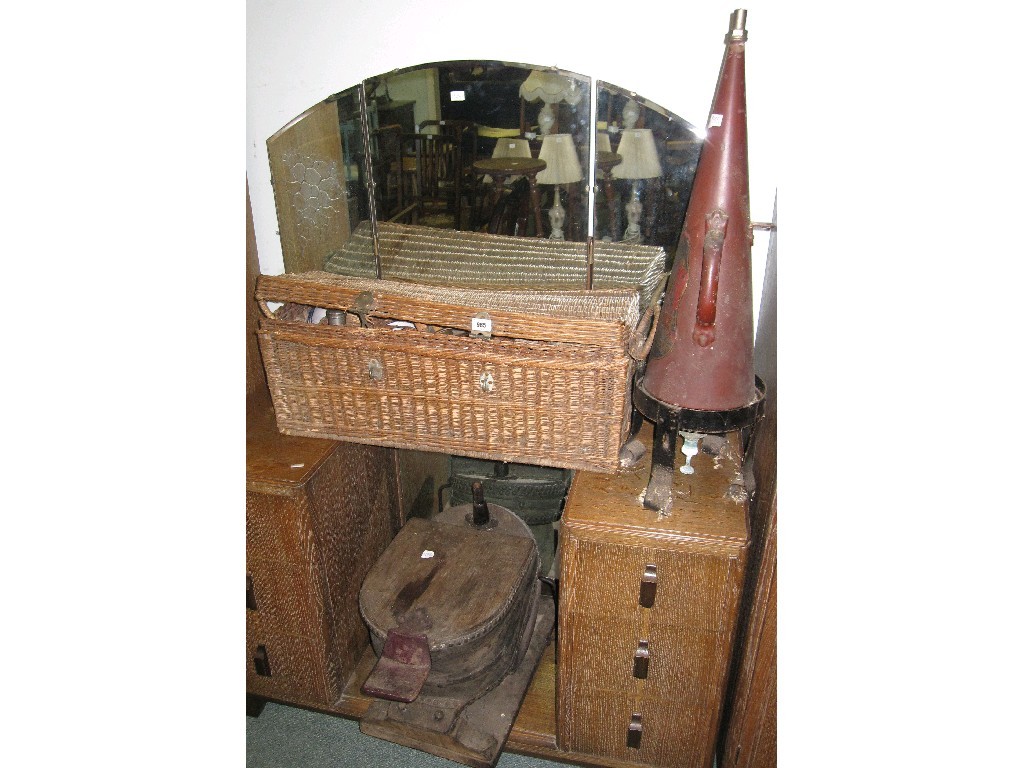 Appraisal: Lot comprising picnic hamper bellows and a fire extinguisher