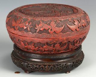 Appraisal: Chinese Cinnabar Covered Circular Box Large Chinese cinnabar lacquer covered