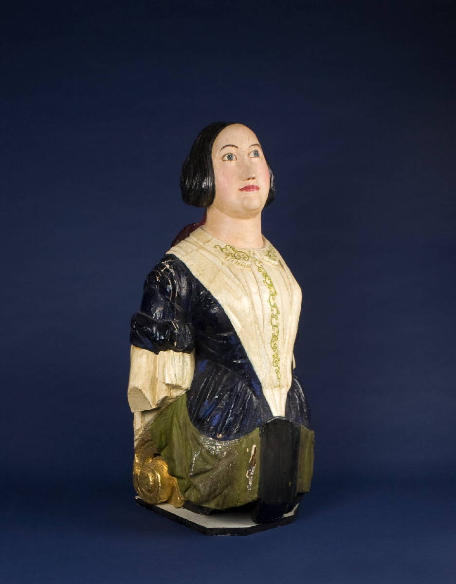 Appraisal: CARVED AND PAINTED BUST-LENGTH FIGUREHEAD OF A WOMAN IN FASHIONABLE