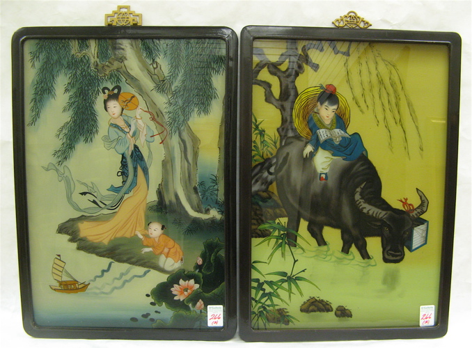 Appraisal: PAIR CHINESE REVERSE PAINTINGS ON GLASS Girl reading book and